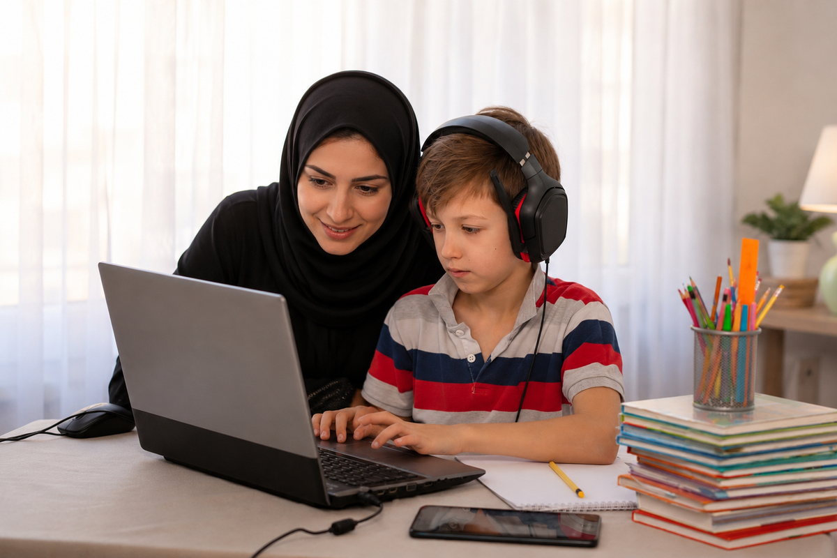 أم تتابع مع ابنها حصة تفاعلية أونلاين ضمن باقة Academic Success Premium للمتابعة المكثفة في اختبار الامسات