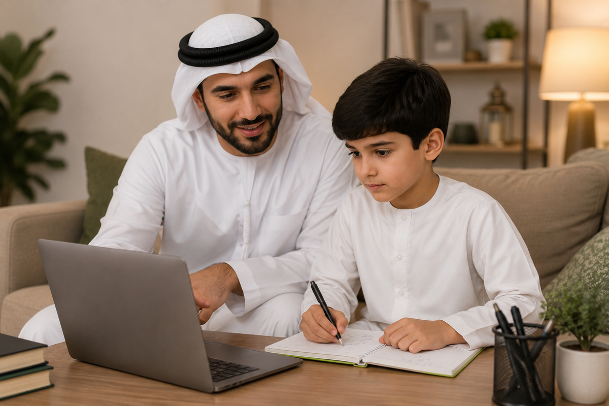 أب يساعد ابنه في حصة تفاعلية أونلاين ضمن باقة Academic Success Plus للتحضير لاختبار الامسات