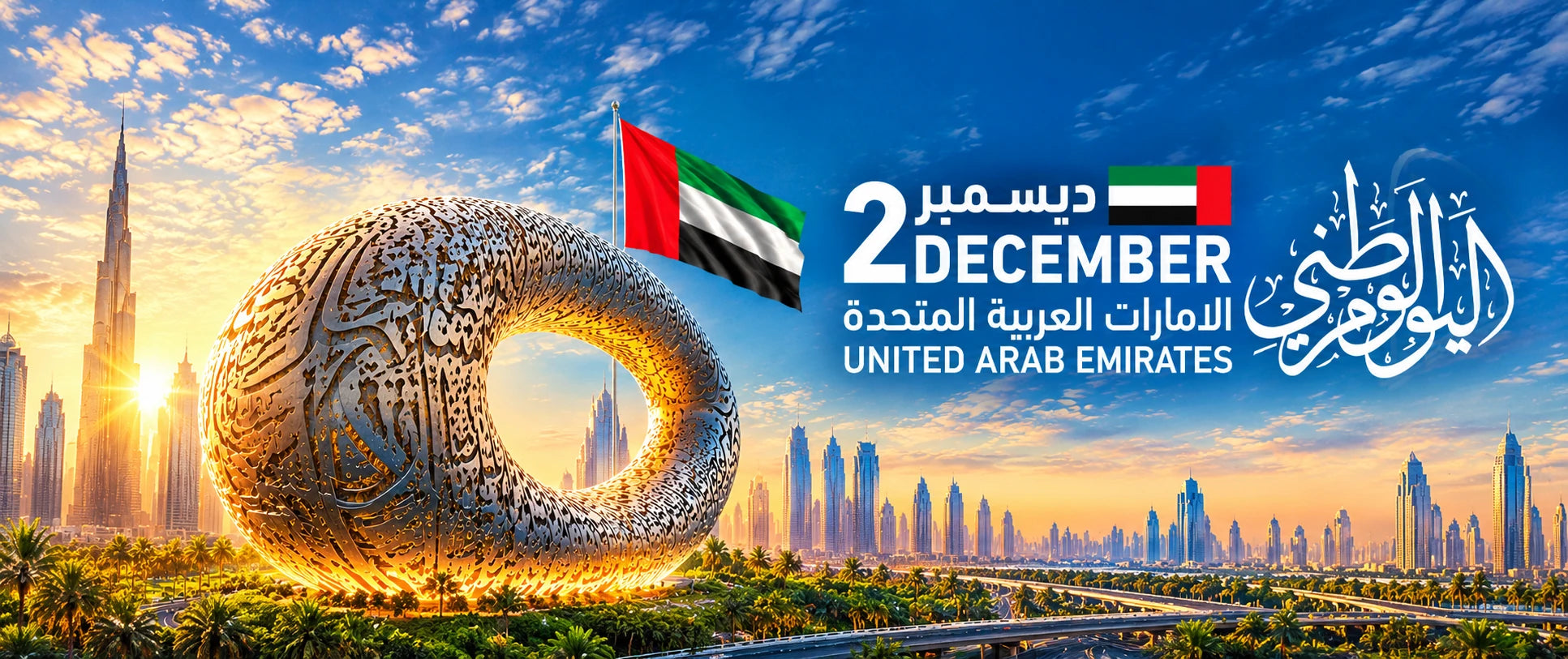 اليوم الوطني لدولة الإمارات العربية المتحدة، 2 ديسمبر، مع علم الإمارات ومتحف المستقبل وأفق دبي
