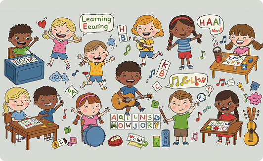 طفل يتعلم اللغة الإنجليزية في فصل أونلاين تفاعلي