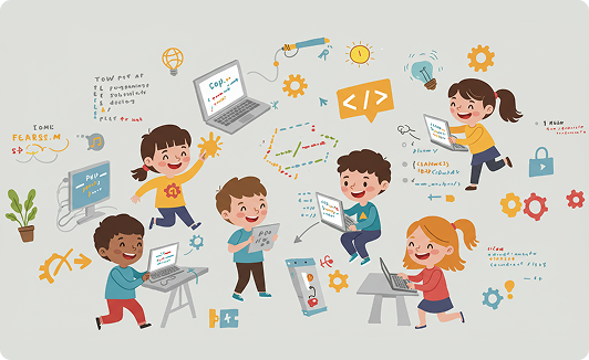 طفل يتعلم البرمجة باستخدام اللابتوب في المعسكر الصيفي